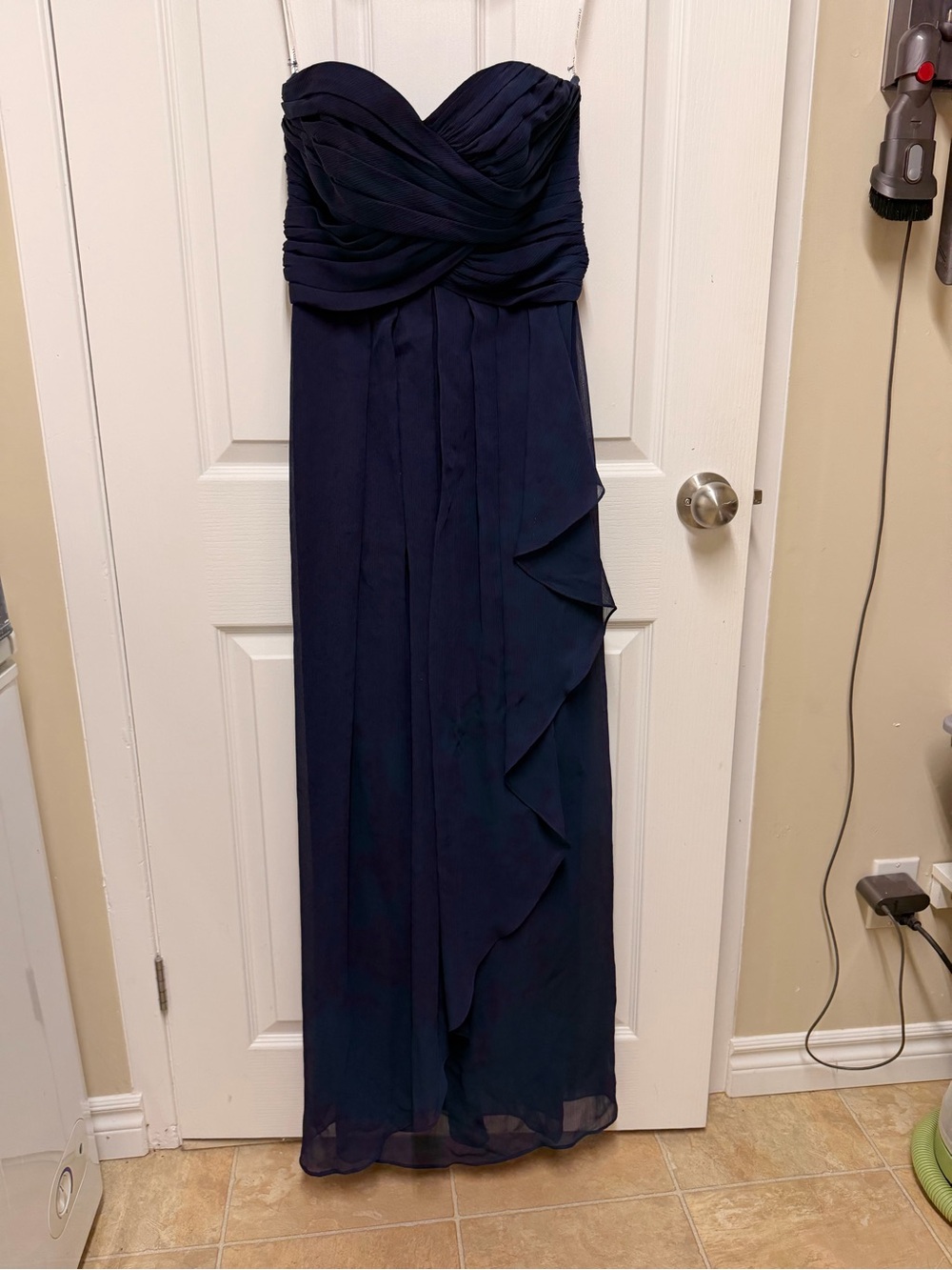 David's Bridal Strapless Navy Chiffon Ruffled Gown